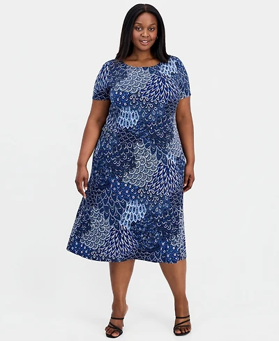 Connected Plus Printed Round-Neck A-Line Dress