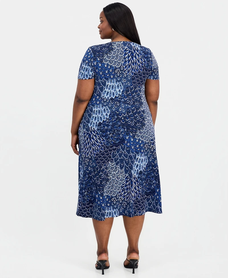 Connected Plus Printed Round-Neck A-Line Dress