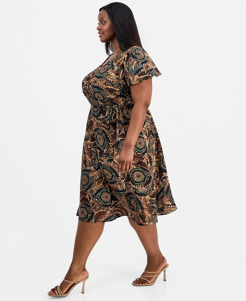 Connected Plus Printed Faux-Wrap Flutter-Sleeve Dress