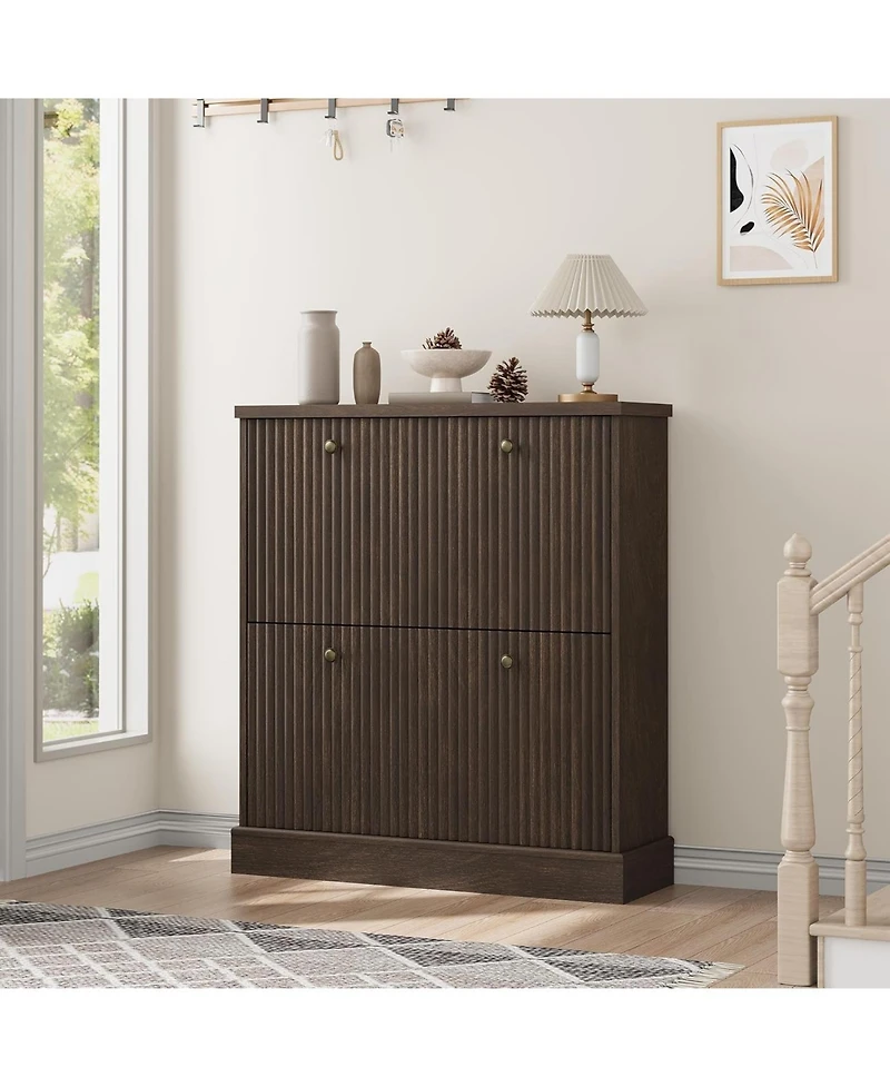 gaomon Fluted Shoe Cabinet with 2 Flip Drawers Narrow Cabinet with Adjustable Shelves and Elegant Handles Wooden Shoe Organizer for Entryway Hallway