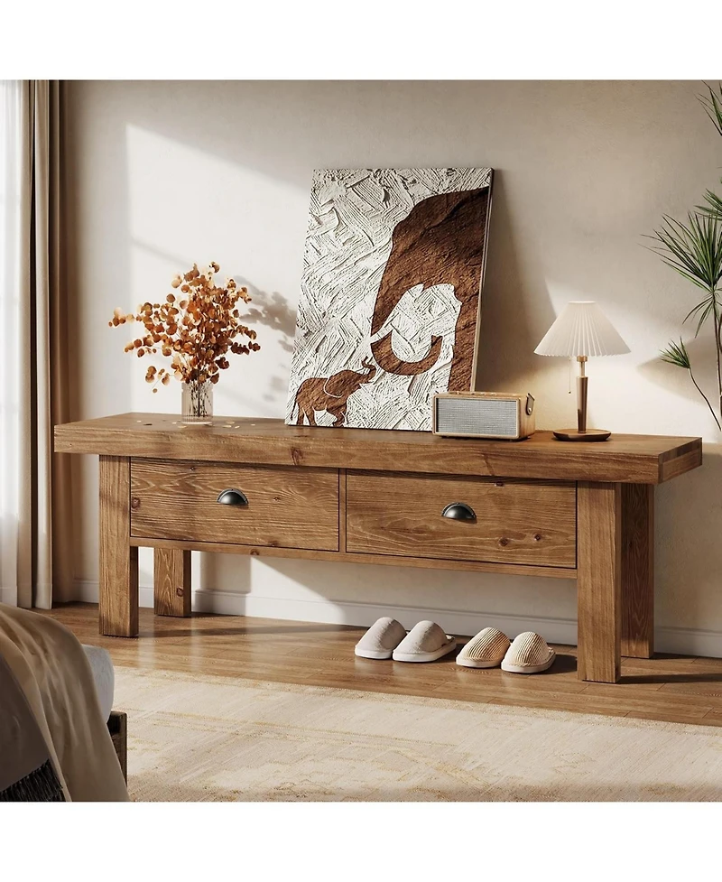 Tribesigns Solid Wood Entryway Bench with 2 Drawers, 55" Farmhouse Long Bench End of Bed Stool with Open Storage Shelves