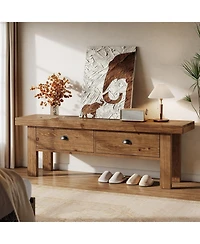 Tribesigns Solid Wood Entryway Bench with 2 Drawers, 55" Farmhouse Long Bench End of Bed Stool with Open Storage Shelves