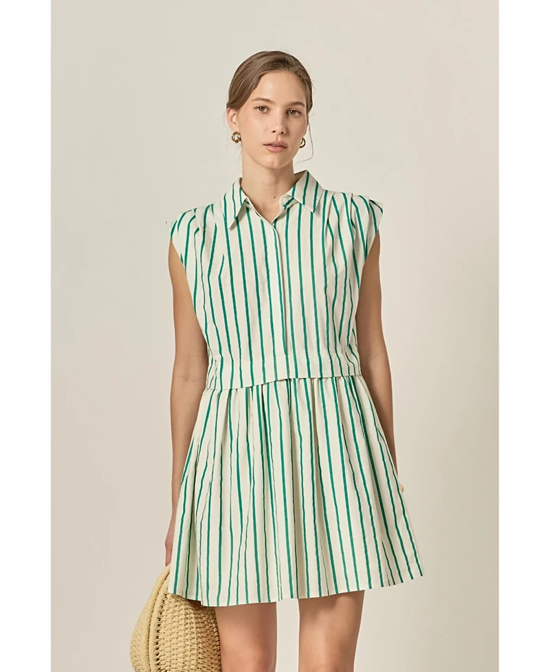 English Factory Women's Striped Pleated Shoulder Shirt Mini Dress
