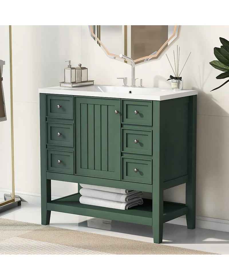 Sillysis 36 Bathroom Vanity with Ceramic Sink, Solid Wood Cabinet, 3 Drawers & Adjustable Shelf for Modern Bathrooms