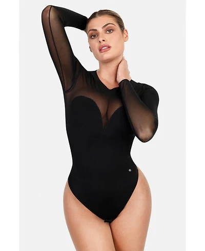 Popilush Women's Shapewear Illusion Mesh Long Sleeve Tummy Control Bodysuit
