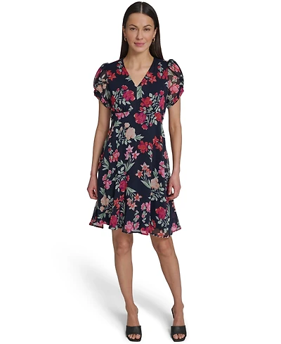 Calvin Klein Women's Puff-Sleeve Printed V-Neck Chiffon Dress