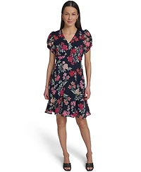 Calvin Klein Women's Puff-Sleeve Printed V-Neck Chiffon Dress