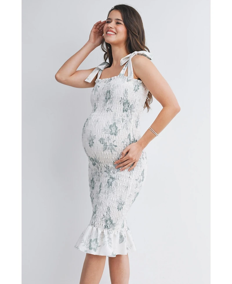 Hello Miz Maternity Bodycon Floral Smocked Midi Dress with Adjustable Tie Straps