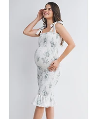 Hello Miz Maternity Bodycon Floral Smocked Midi Dress with Adjustable Tie Straps