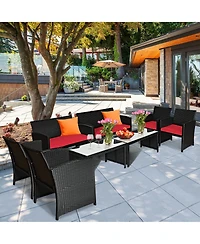 Gymax 8PCS Rattan Outdoor Conversation Set Patio Furniture Set w/ Red Cushions