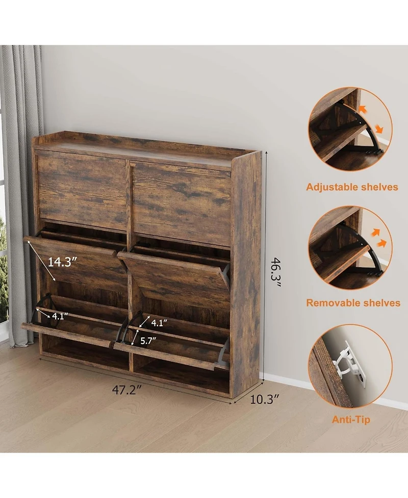 gaomon "Shoe cabinet with 6 flip drawers, adjustable removable shelves, modern wooden design with hidden handle for entryway."