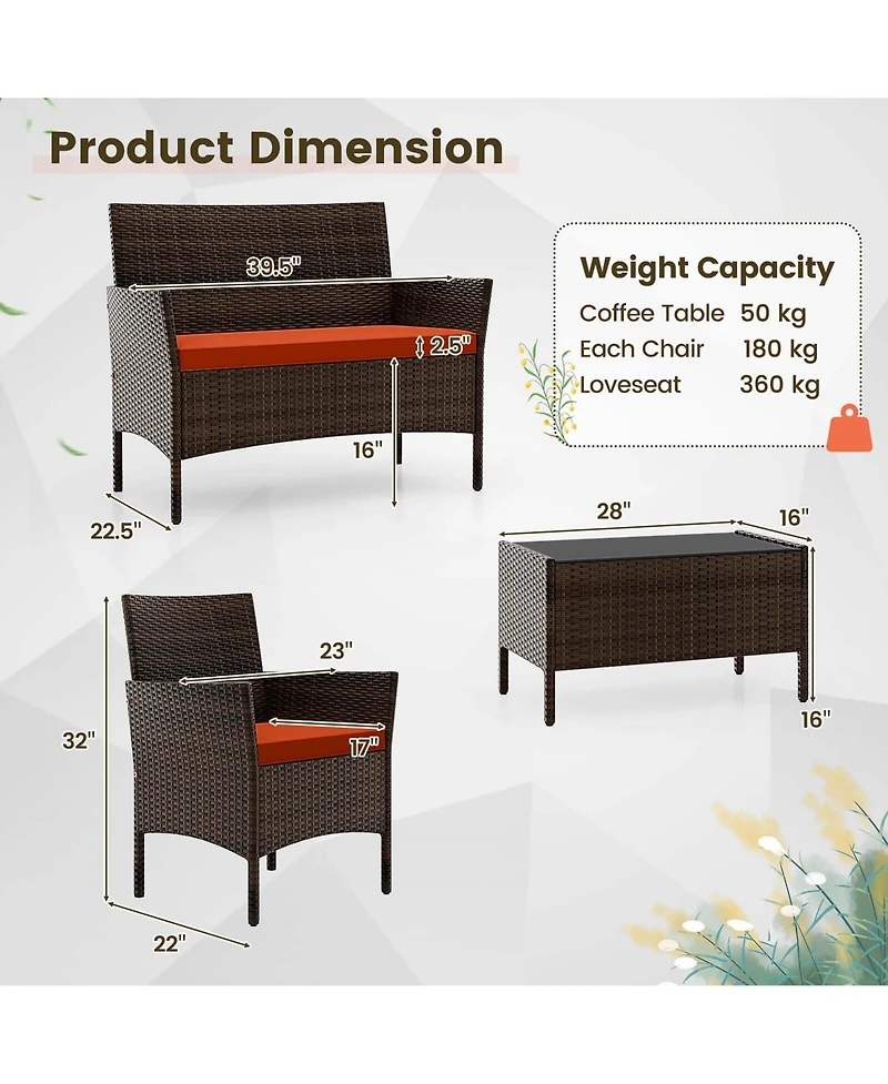 Gymax Set of 8 Furniture Set w/ Washable Cushions and Tempered Glass Coffee Table