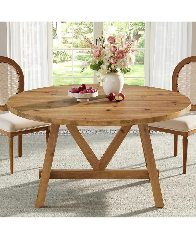 Tribesigns Solid Wood Dining Table for 4-6, Farmhouse Round Kitchen Table, Brown