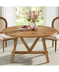 Tribesigns Solid Wood Dining Table for 4-6, Farmhouse Round Kitchen Table, Brown