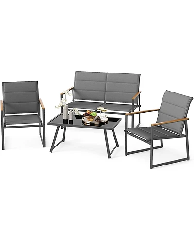 Gymax 4 Piece Patio Furniture Set Outdoor Metal Conversation Set w/ Padded Fabric Seat