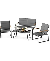 Gymax 4 Piece Patio Furniture Set Outdoor Metal Conversation Set w/ Padded Fabric Seat