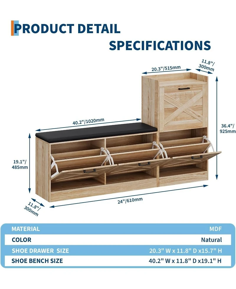 gaomon Shoe Storage Bench with 4 Flip Drawers and Padded Seat Shoe Cabinet Organizer for Hallway Living Room Entryway Bench