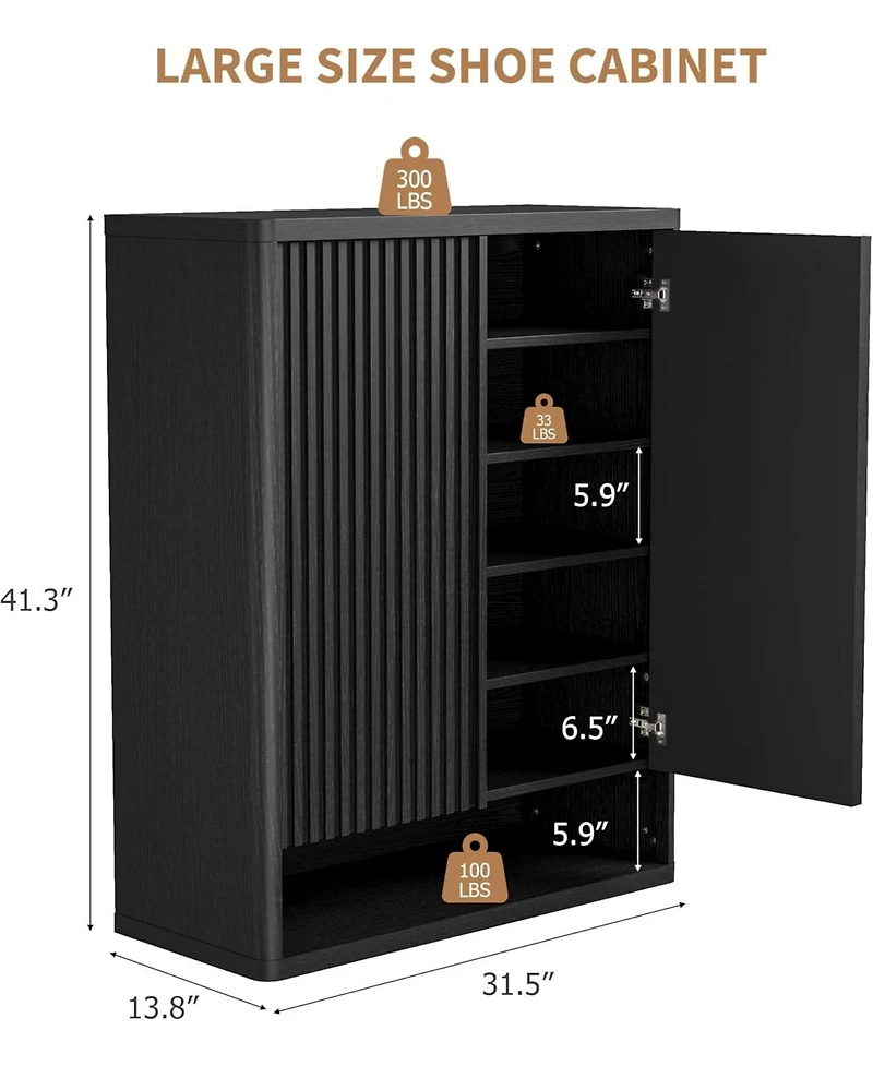 gaomon Modern Wooden Shoe Cabinet 31.5 inch with Adjustable Shelves Fluted Door – Narrow Standing Shoe Organizer Holds 25–30 Pairs for E