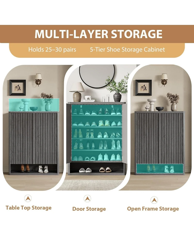 gaomon 63 Inch Shoe Cabinet Large Shoe Storage Cabinet with Adjustable Shelves Wooden Shoe Organizer with Fluted Door Holds 50–60 Pairs