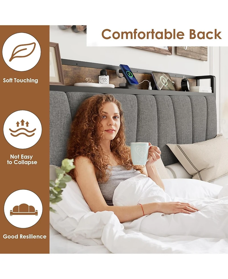 Gaomon queen bed frame with storage drawers, charging station, and upholstered headboard.