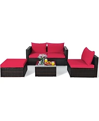 Gymax 5PCS Cushioned Rattan Patio Conversation Set with Ottoman Red Cushion
