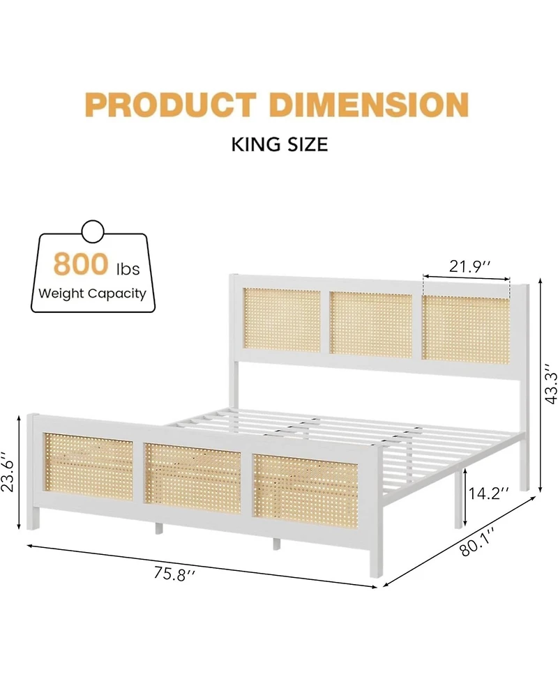 gaomon King Size Bed Frame with Headboard, Boho Rattan Bed Frame with Strong Metal Slat, Noise Free, No Box Spring Needed