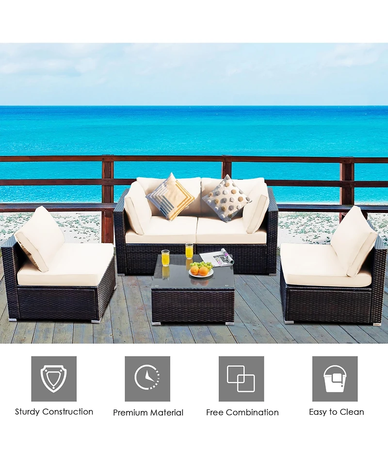 Gymax 5PCS Rattan Patio Conversation Set Sofa Furniture Set w/ White Cushions