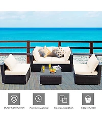 Gymax 5PCS Rattan Patio Conversation Set Sofa Furniture Set w/ White Cushions