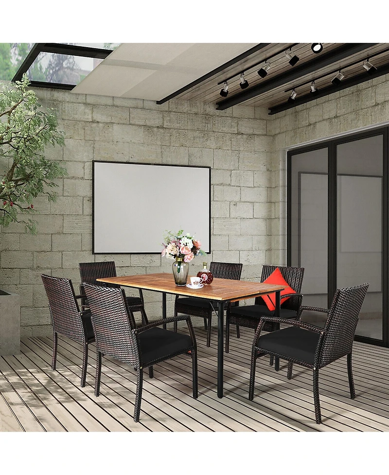Gymax 7PCS Patio Dining Furniture Set Yard w/ Wooden Tabletop Cushions