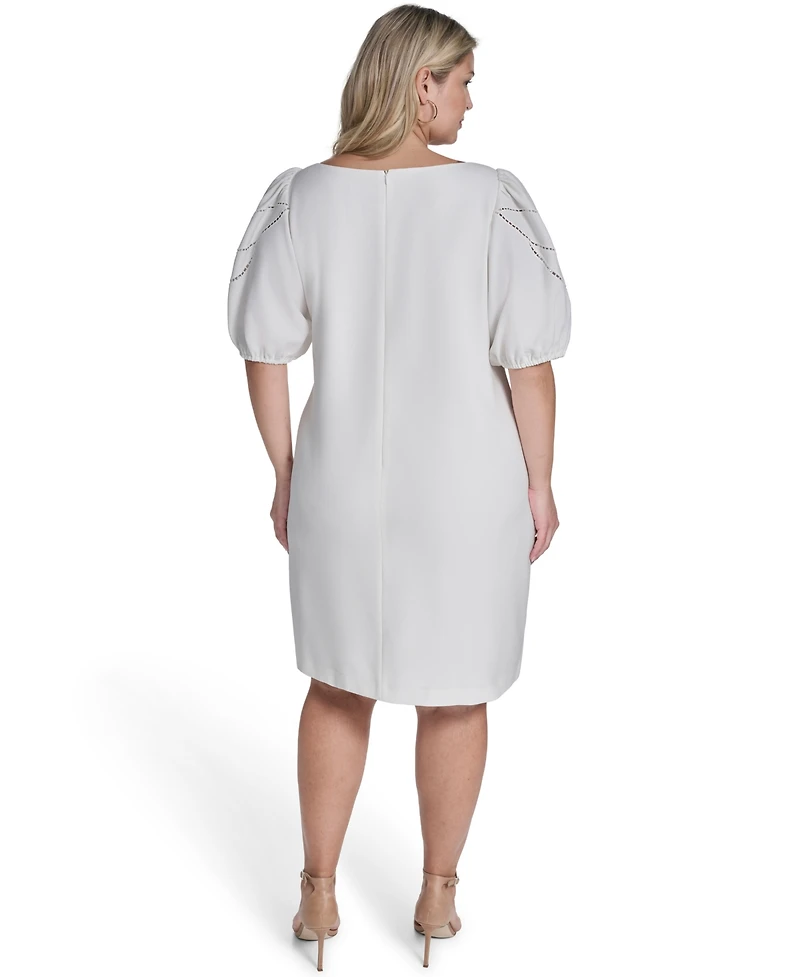 Vince Camuto Plus Puff-Sleeve Boatneck Laser-Cut Dress