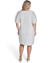 Vince Camuto Plus Puff-Sleeve Boatneck Laser-Cut Dress