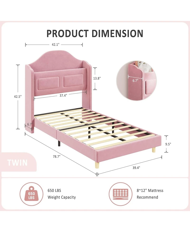 gaomon Twin Bed Frames for Kids, Wingback Velvet Platform Bed with Led Lights, Upholstered Storage Headboard, Wooden Slats Support