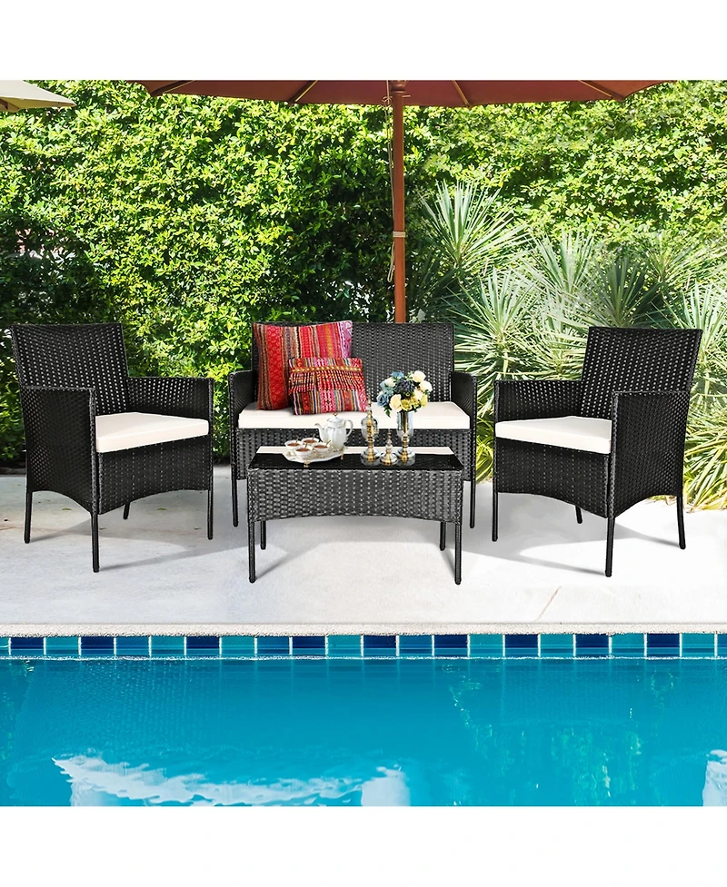 Gymax 4PCS Outdoor Furniture Set Patio Rattan Conversation Set wtih Cushion