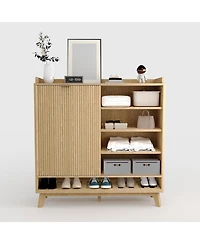 gaomon Fluted Shoe Cabinet Storage with 2 Flip Drawers and Sliding Door and Adjustable Shelf Rack Freestanding Wood Narrow Hidden Shoe Organizer