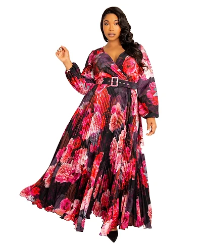 Buxom Couture Plus Women's Floral Pleated Maxi Dress with Belt