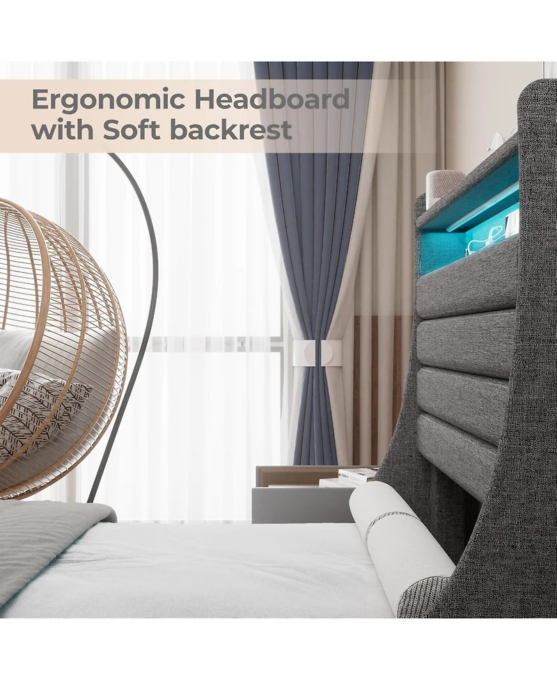 gaomon Bed Frame, Platform with Upholstered Headboard and Led Lights, Modern Frame Under Storage Space, Charging Station