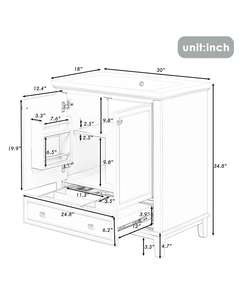 Sillysis 30" Bathroom Vanity with Ceramic Sink, Solid Wood Frame, Multi-Functional Cabinet & Drawer Storage for Modern Bathrooms
