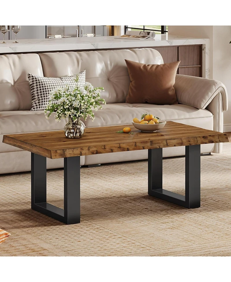 Tribesigns Solid Wood Coffee Table, Industrial Modern Coffee Table with Sturdy Metal Base, 47-Inch Large Accent Center