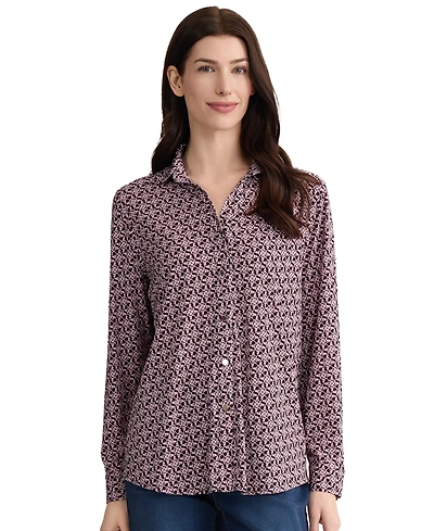Jones New York Petite Long-Sleeve Button-Front Printed Top