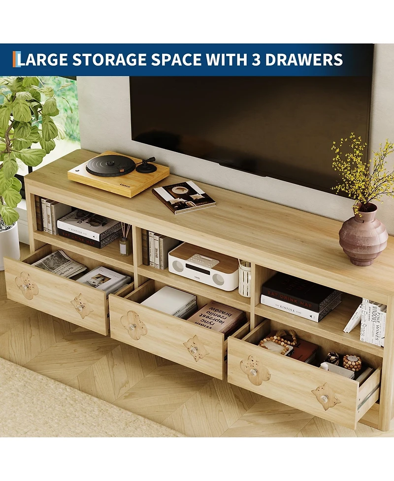 gaomon 70in Tv Stand for TVs Up to 85", Mid Century Modern Entertainment Center with Storage Engraving Drawer and Open Shelves