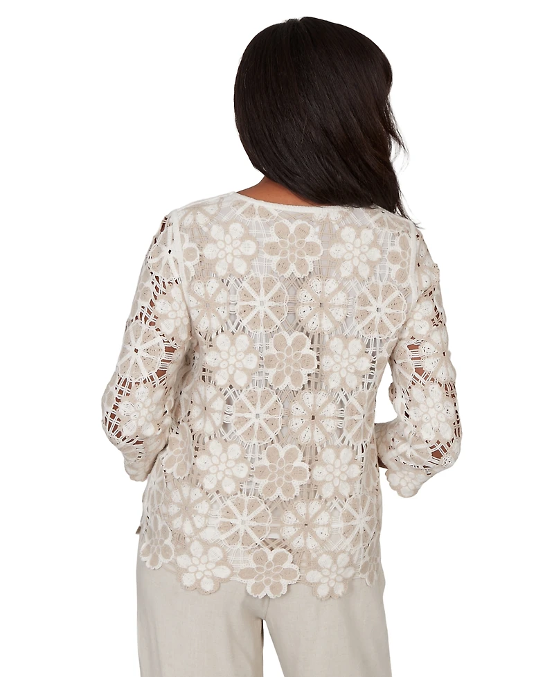 Alfred Dunner Petite Floral Crochet 3/4-Length-Sleeve Top