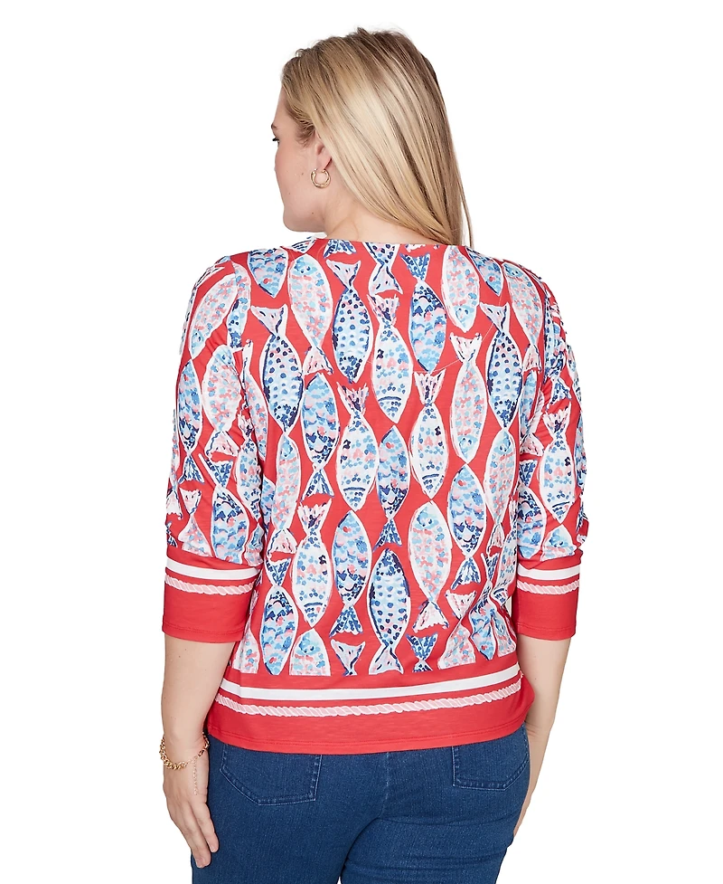 Alfred Dunner Petite Port Side Mosaic Fish Split Beaded Neck Top