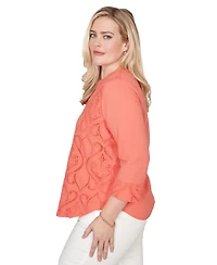 Alfred Dunner Petite Resort Living Textured Lace Scroll Split Neck Henley Top