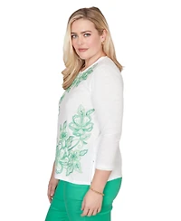Alfred Dunner Petite Resort Living Tropical Flower Embroidered Crew Neck Top
