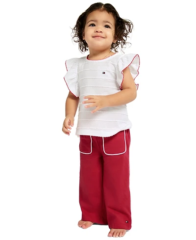 Tommy Hilfiger Baby Girls' Crochet Trim Striped Top and Patch Pocket Wide Leg Pants, 2-Piece Set