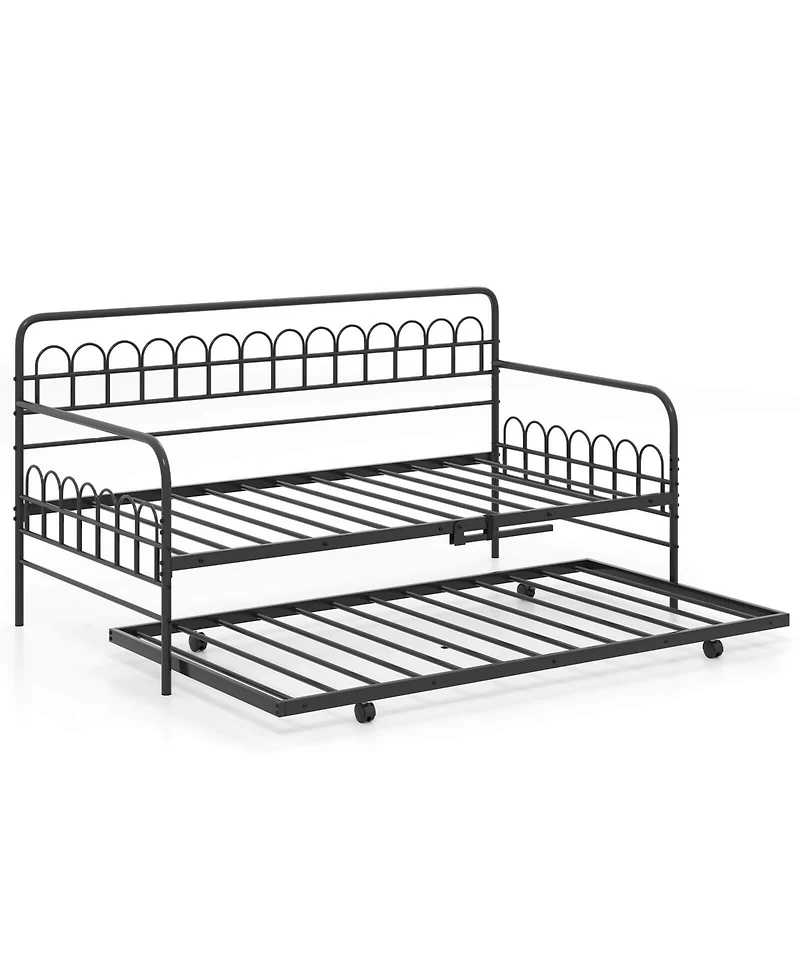 Costway Daybed with Trundle Curved Backrest & Armrests Heavy-duty Metal Slats