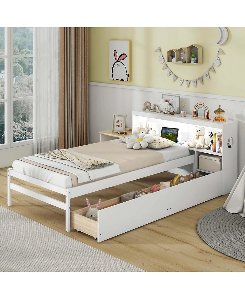 Twin Size Bed Frame with Led Light & Power Outlet Bookcase Headboard Drawers