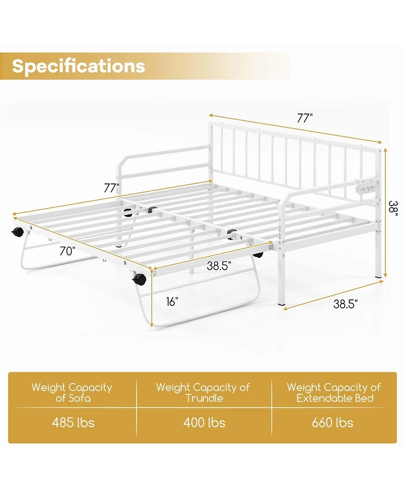 Twin Size Daybed with Pop-up Trundle Charging Station & Led Lights for Living Room