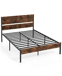 Full Size Bed Frame with Wooden Headboard Under-Bed Storage No Box Spring Needed