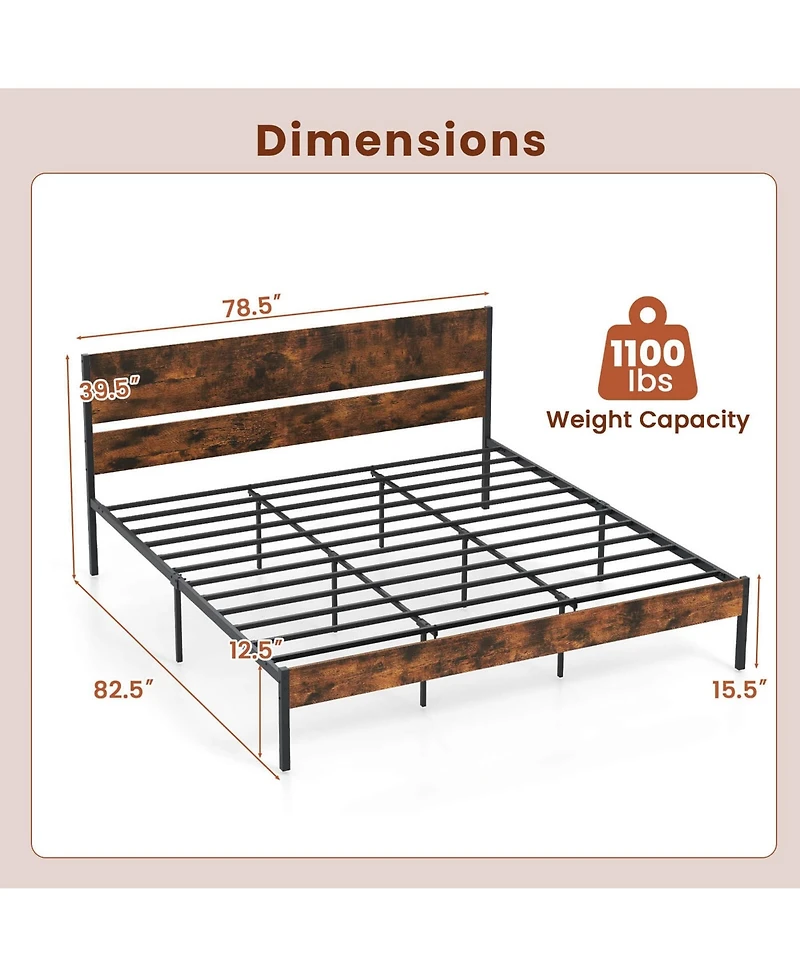 King Size Bed Frame with Wooden Headboard Under-Bed Storage No Box Spring Needed